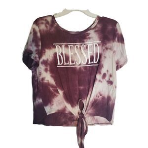 Rebel Sugar Burgundy Tye Die Cropped Tie Front "Blessed" Shirt.  Size L